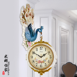 欧式双面挂钟客厅大气，两面孔雀美式轻奢时钟石英，钟表创意家用挂表