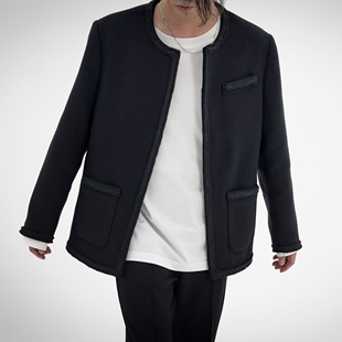 CHANSUER  重磅730G澳洲羊毛呢小香风黑色时尚宽松纯色夹克外套男
