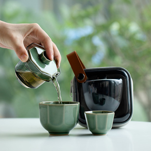 越窑青瓷玻璃旅行茶具套装户外随身便携式茶具陶瓷快客杯一壶一杯