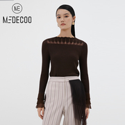 MEDECOO/墨蒂珂2022春季羊毛打底衫 雪纺拼接长袖针织套头衫