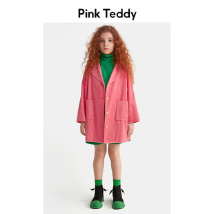 pinkteddy童装儿童中长款风衣，23春秋季女童粉色灯芯绒百搭外套