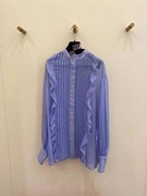 珍藏版蓝白条纹拼接真丝衬衣，手工缝制压褶荷叶边衬衫