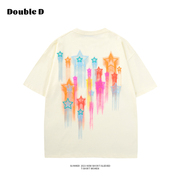 DOUBLE-D 美式复古彩色喷绘涂鸦星星短袖T恤女夏季宽松情侣上衣潮