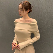 韩国chic秋季优雅气质一字领露肩设计修身显瘦长袖套头针织衫毛衣