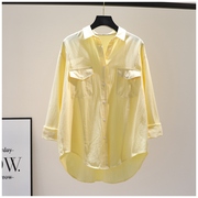 黄色棉麻衬衫女韩版春季时尚，宽松双口袋长袖，休闲衬衣文艺上衣