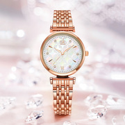 女表钢带石英水钻士手表镜面款时尚圆形玫瑰金金属普通国产腕表