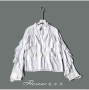 欧美白色纯棉复古浪漫立领，多层荷叶边单排扣长袖直筒纯色通勤衬衫