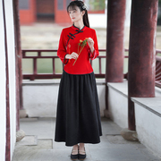 中国风复古盘扣长袖改良旗袍红色金丝绒上衣民国女装中式茶服套装