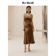 re-blue轻奢优雅女装简约大气气质，舒适醋酸混纺高腰线(高腰线)丝感连衣裙