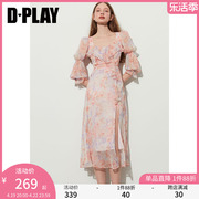 dplay2024夏海边(夏海边)度假裙粉色碎花裙，荷叶边中袖雪纺连衣裙艺术长裙