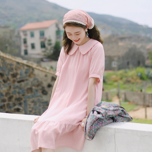 花吉Q412粉色天丝垂感甜美娃娃领短袖连衣裙2023夏中长款裙子