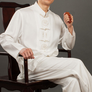 百福龙 高档男士唐装长袖衬衫 白色中式立领盘扣衬衣 民族服装男