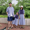 亲子装一家三四口夏季纯棉竖条衬衫洋气韩版家庭装母女连衣裙