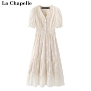 拉夏贝尔lachapelle法式泡泡，袖绣花连衣裙，女夏收腰显瘦裙子