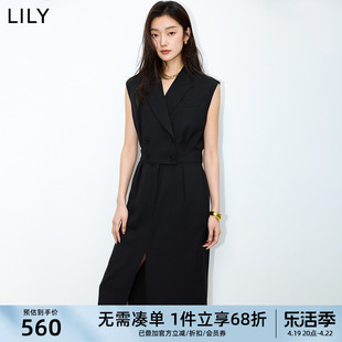 LILY2024夏女装气质通勤款复古双排扣高腰款西装连衣裙小黑裙