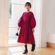 韩国童装2023秋季女童蝴蝶结连衣裙，中大童秋装灯笼，袖玫红色长裙子