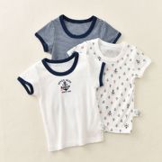 3件装出口日系海军风儿童短袖T恤男宝宝纯棉薄网眼夏季半袖打底衫