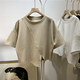 夏季韩版洋气时髦设计感不规则下摆开叉圆领短袖t恤女短款上衣潮