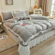 韩式全棉床盖款床上四件套纯棉被套公主风夹棉，床单三件套四季通用