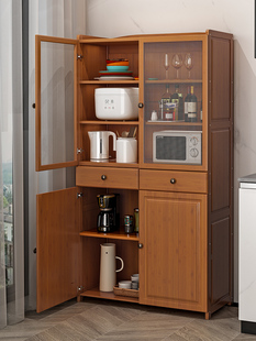 全竹碗柜家用厨房餐边柜透气储物柜，实木橱柜微波炉置物架中式菜柜