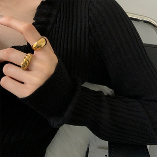 CAIFIRST欧美个性金色光面螺纹戒指女韩版牛角包时尚冷淡风开口食