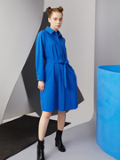 XINSILU新思路女装秋装时尚宝蓝色H型两穿衬衫式连衣裙女风衣