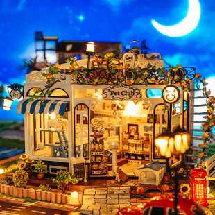 diy 小屋木制儿童拼装手工宠物店铺萌喵汪模型玩具创意街景成人礼