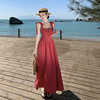 法式复古火龙果玫红色蝴蝶结绑带，吊带垂坠感连衣裙，a字度假沙滩裙
