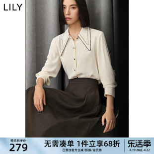 lily2024春女装优雅气质通勤款垂坠感撞色镶边复古尖领白衬衫