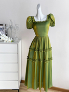 绿色复古宫廷风连衣裙女夏季长裙木耳边设计感法式高级感气质裙子