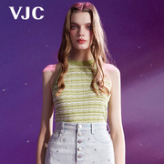 VJC/威杰思2024春夏绿色条纹挂脖背心无袖修身上衣女装