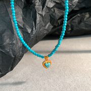 中古法式蓝色松石项链，女小众设计爱心型吊坠小巧百搭叠戴锁骨链潮