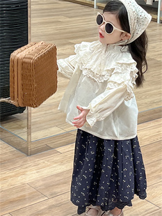 韩系童装定制2024春季公主风蕾丝衬衫上衣女孩复古圆点半身裙