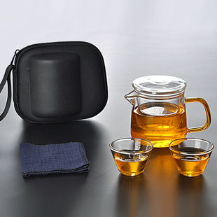玻璃旅行茶具套装，车载便携包式户外一壶二杯快客茶壶飘逸小泡茶杯