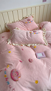 梨梦粉粉甜甜圈保暖加厚牛奶绒四件套，床单被套床笠珊瑚绒床上用品