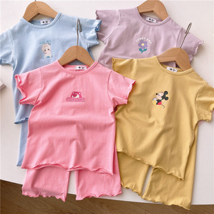 韩版夏季女童短袖t恤套装薄款宝宝睡衣两件套儿童家居服纯棉小童