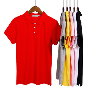 夏季红色短袖翻领女t恤有领上衣纯棉带领保罗体恤女士运动polo衫