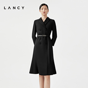 lancy朗姿春季黑色长袖，羊毛裙子中长款职业气质西装连衣裙女