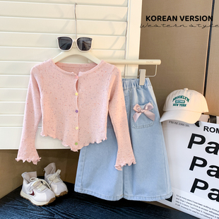 韩国童装2024春季女童洋气针织开衫蝴蝶结九分牛仔裤二件套装