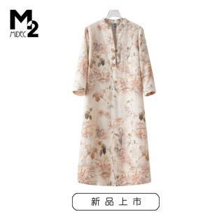 m22024春夏宽松大码中年妈妈，汉服中国风，亚麻中袖连衣裙