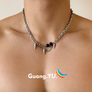 guangyu暗黑蓝圆珠铆钉，项链男潮朋克嘻哈风小众，设计钛钢链条配饰