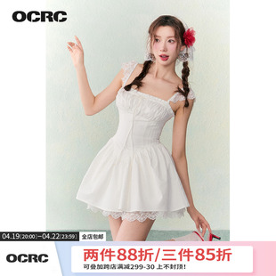 OCRC Official 度假风钩花小飞袖抽绳收腰连衣裙甜美少女白色裙子