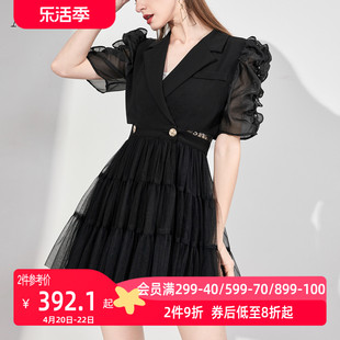 aui黑色设计感西装连衣裙，女2023夏季名媛气质，修身蛋糕小黑裙