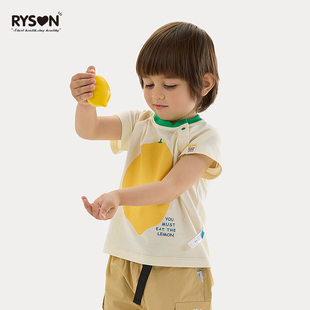ryson潮童装23夏季男女，宝上衣黄色柠檬，印花纯棉圆领短袖t恤