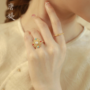 唐媞新中式古法镂空繁花四叶珍珠戒指女小众设计高级感可调节指环