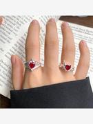 红宝石高级感气质925纯银戒指女轻奢小众爱心饰品时尚开口戒