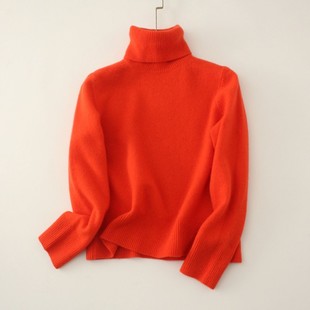 100%羊毛 外贸尾货冬季厚实保暖桔红百搭女士针织套头毛衣 打底衫