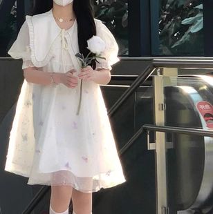 夏季日系甜美超仙拼接网纱泡泡袖连衣裙学生宽松娃娃领公主裙