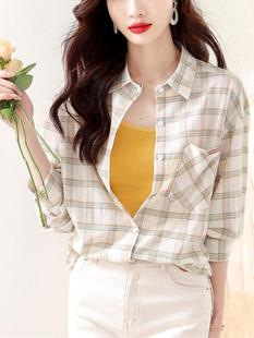 流行杏色长袖格子衬衫女秋季棉布薄款上衣宽松休闲开衫衬衣