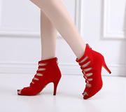 女式软底红色短靴，子鱼嘴高跟跳舞拉丁舞鞋，黑色舞蹈鞋系带透气